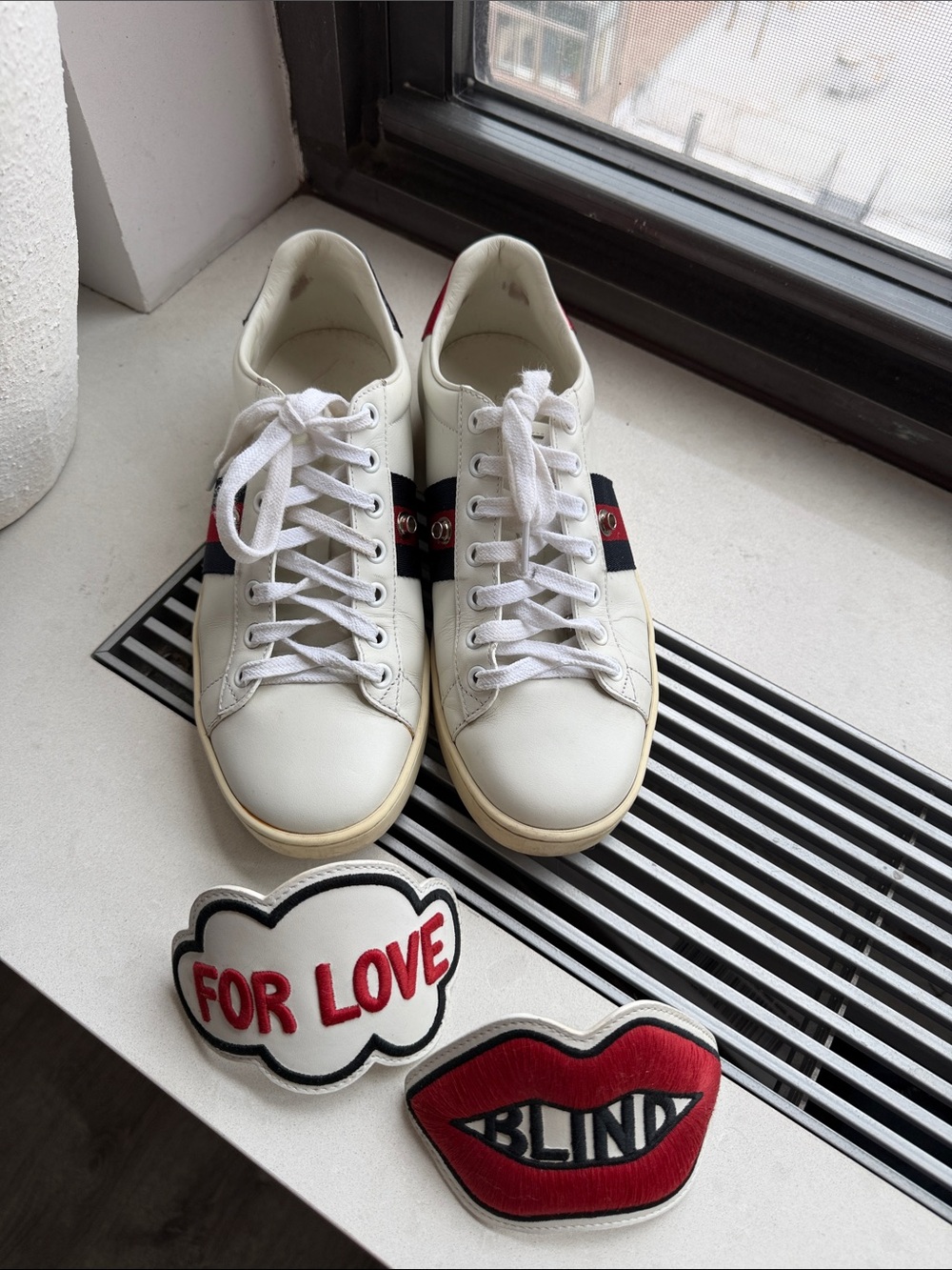 Gucci White Leather Sneakers with Red & Blue Web Stripe 37.5